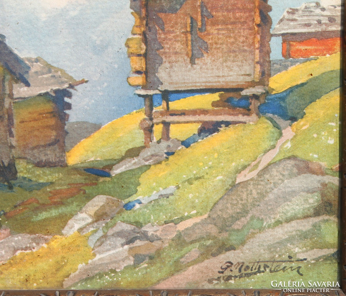 G Nottistein jelzéssel: Házak a hegycsúcs előtt (antik akvarell)
