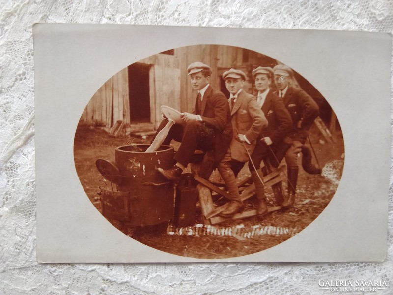 Antique humorous sepia photo / life picture, group of young men around 1900