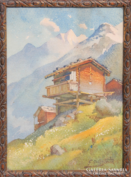 G nottistein: wooden house with balcony (antique watercolor)