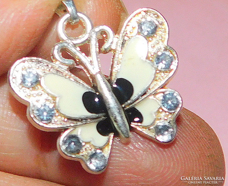 Wonderful enamel clear crystal butterfly pendant with white sheen