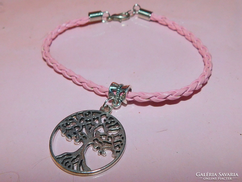 Tree of life pendant pink braided leather nature Tibetan silver bracelet