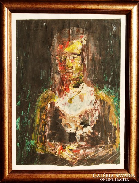 Contemporary artist: portrait of a girl with a painting knife, in red and yellow - oil painting, framed