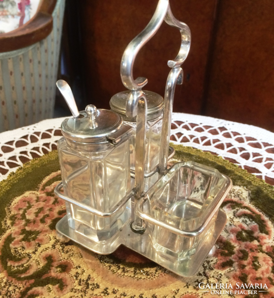 100 years old. Antique, crystal spice set, on silver-plated stand, spice cream, oily and notched holder