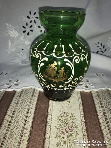 Enamel painted, gilded green small vase 10.5 cm high