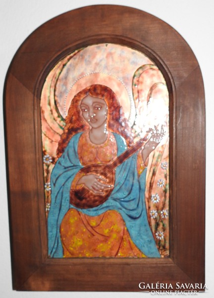 Image of fire enamel by Zsóri Balogh Elizabeth - woman with mandolin