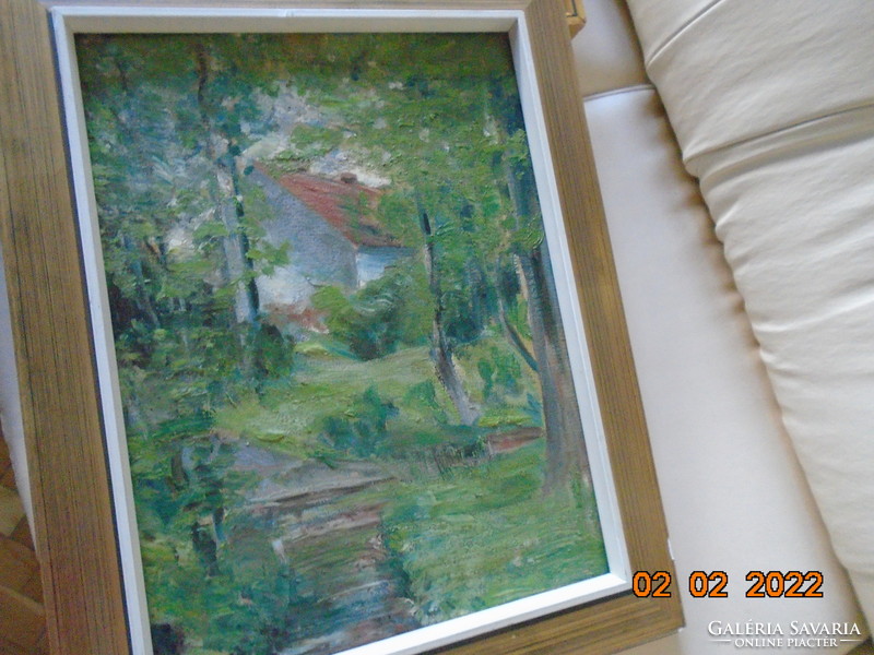 "Ház a fák között napsütésben", impresszionista olaj farost festmény szignóval