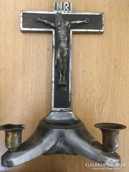 Antique crucifix with holy water holder! Candlestick on both sides!