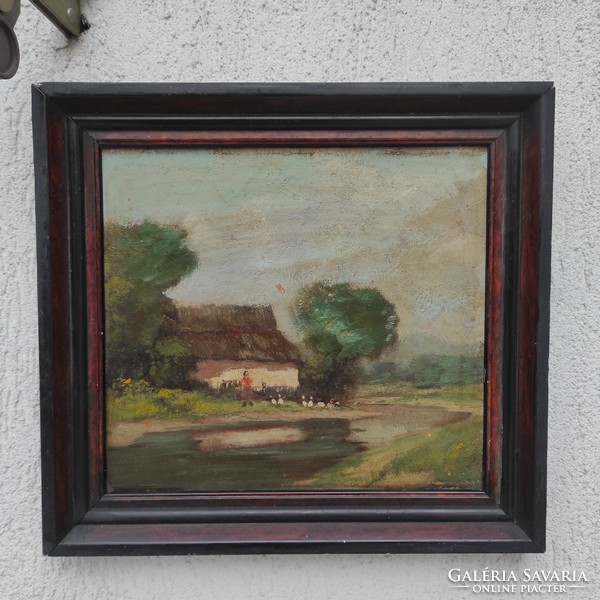 Antique about 100 years old painting, landscape, farm, farm, rural landscape, carpenter Augustine, neograde, baky etc. style picture