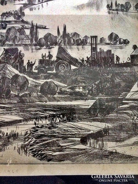 Pleidell János: Nagy dunai árvíz, rézkarc, 61x53 cm kerettel