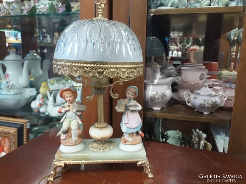 Rare copper, onyx, figural porcelain, engraved glass table lamp.