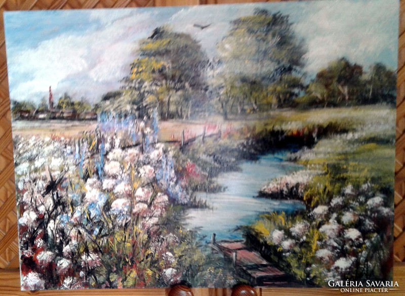 "Szántóföldek ,vadvirágok"festmény farostlemezen  40 x 54 cm,ragyogó színekkel