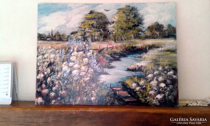 "Szántóföldek ,vadvirágok"festmény farostlemezen  40 x 54 cm,ragyogó színekkel
