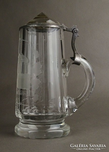 1G046 Antik ónfedeles csiszolt üveg Marienbad söröskorsó 1800-as évekből 20.5 cm