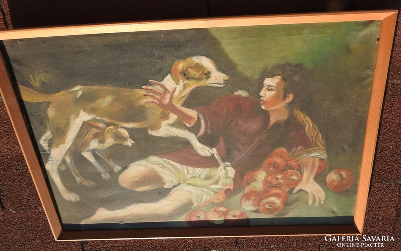 Olaj - vászon festmény _ Gyereket feldöntő kutyák - életkép