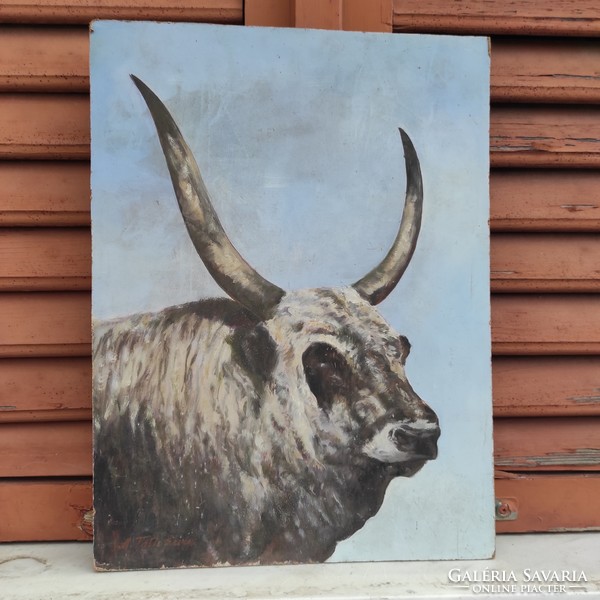 Oil-wood fiber painting of gray cattle, bull, cattle, portrait, marked, signed in Hortobágy style