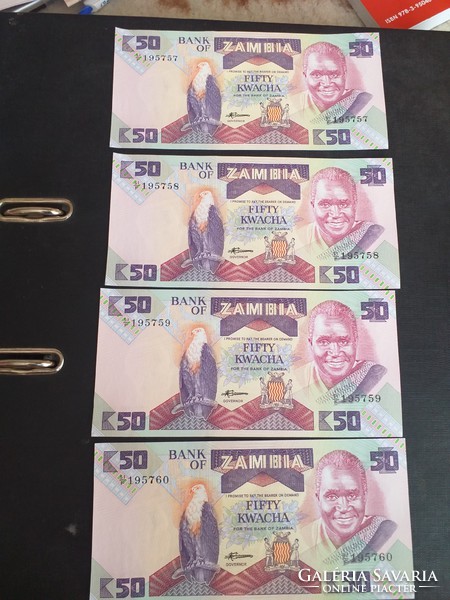 1986 50 kwacha zambia unc 4 pairs of serial numbers