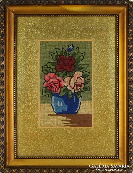 1H636 Keretezett asztali virágcsendélet gobelin 34 x 26 cm