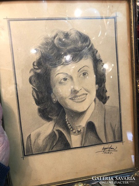 Ceruza rajz, női portré, 1949-bő, szignált, lakberendezéshez kiváló.