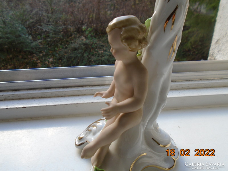 Dresden putto candlestick with handmade colorful plastically embossed flowers
