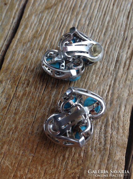 Silver clip earrings with zircon stones and turquoise beads