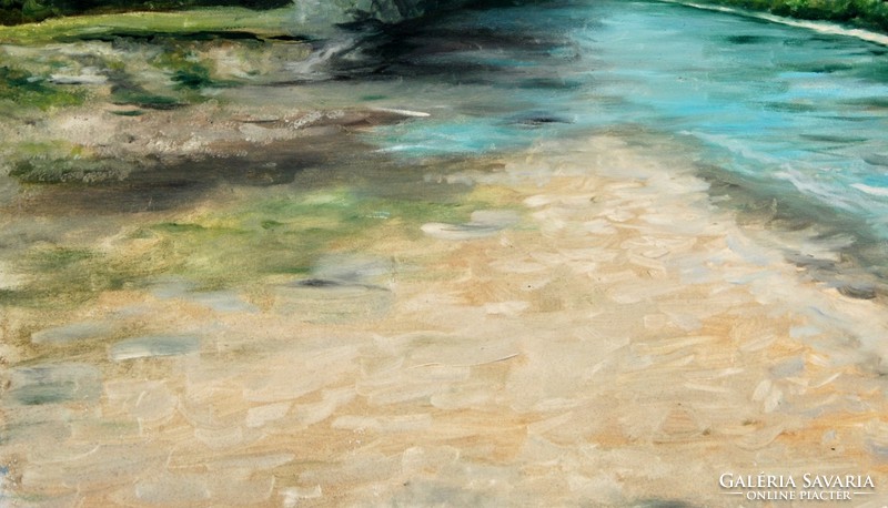Contemporary artist: summer by the river - oil on canvas painting
