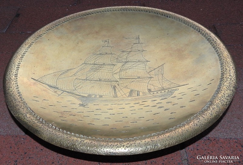 Serious large copper wall bowl: sailboat engraving