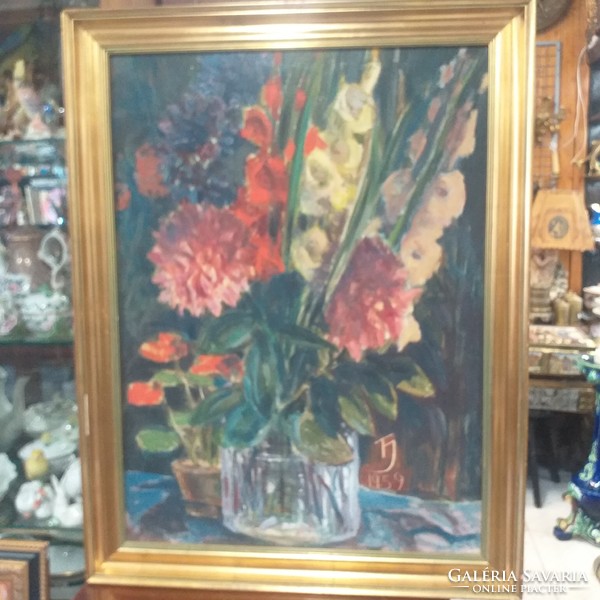 Oil on canvas flower still life with painting frame. Marked. 78 X 58 cm.