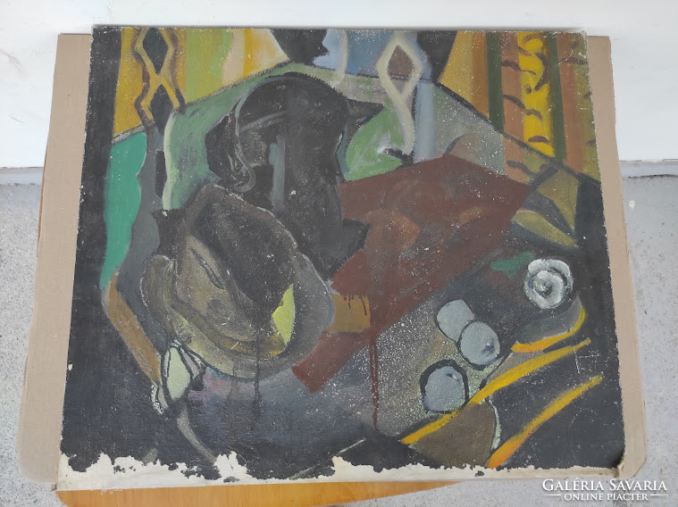 Antique abstract oil on canvas laminated on wooden board still life without sign and frame damaged 5065