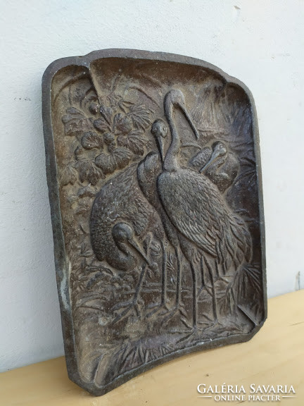 Antique Patinated Chinese Heron Bird Representation Tin Tray Offering 4991