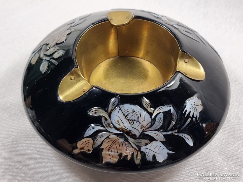 Glass ashtray with copper insert, shell / pearl decoration on the side, xx.S center without marking