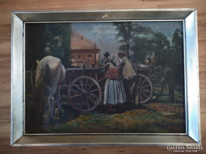 Market life picture oil cardboard painting