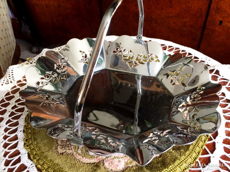Vintage, chrome, openwork pattern, glitter surface, cake serving basket or bowl
