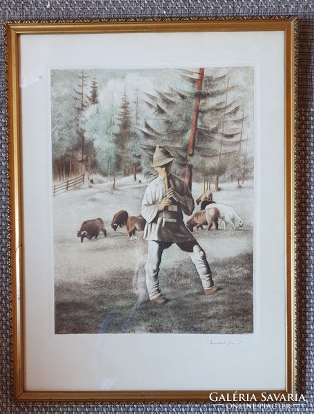 Dudás Jenő (1900 - 1991) színezett rézkarc. Pásztorfiú című kép.