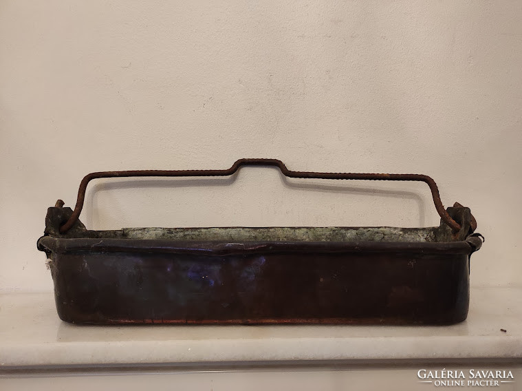 Antique Large Patinated Copper Long Roe Dish with Iron Handles Kitchen Tool Decoration 946 4928