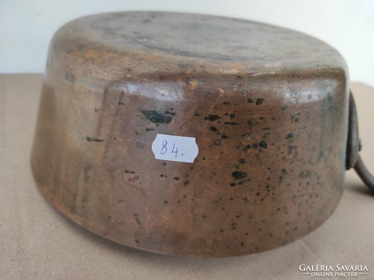 Antik konyhai eszköz vas nyelű vastag nehéz vörösréz lábas ónozás nyomaival 5069