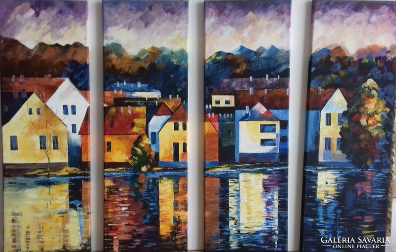 Város a folyóparton című festmény - 4 részes tájkép