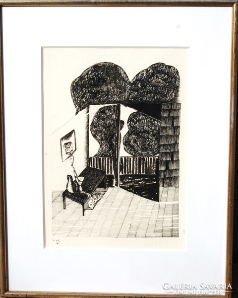 László Kósza Sipos (1943-1989): in time (innerhalb der zeit), 1982 - unique ink drawing, framed