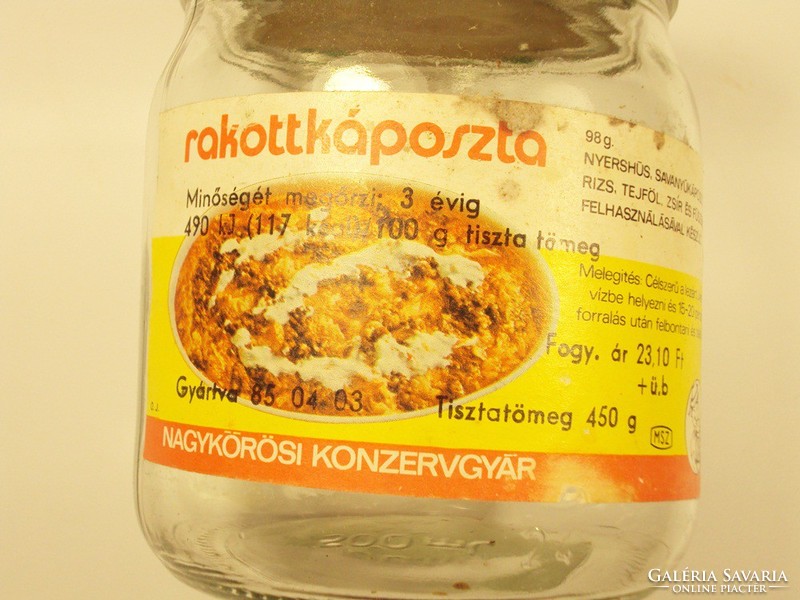 Retro papír címkés befőttes üveg - Rakottkáposzta - NKGY Nagykőrösi Konzervgyár - 1985-ös