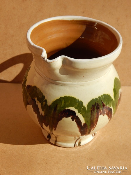 Masterpiece of folk crafts, pot with ceramic handles.17 cm, high.