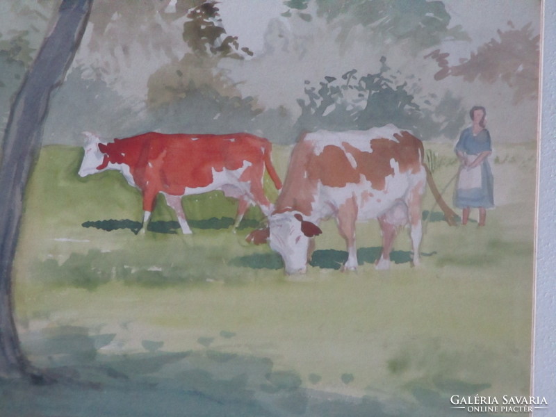 Very nice cozy folk theme / cows grazing / painting