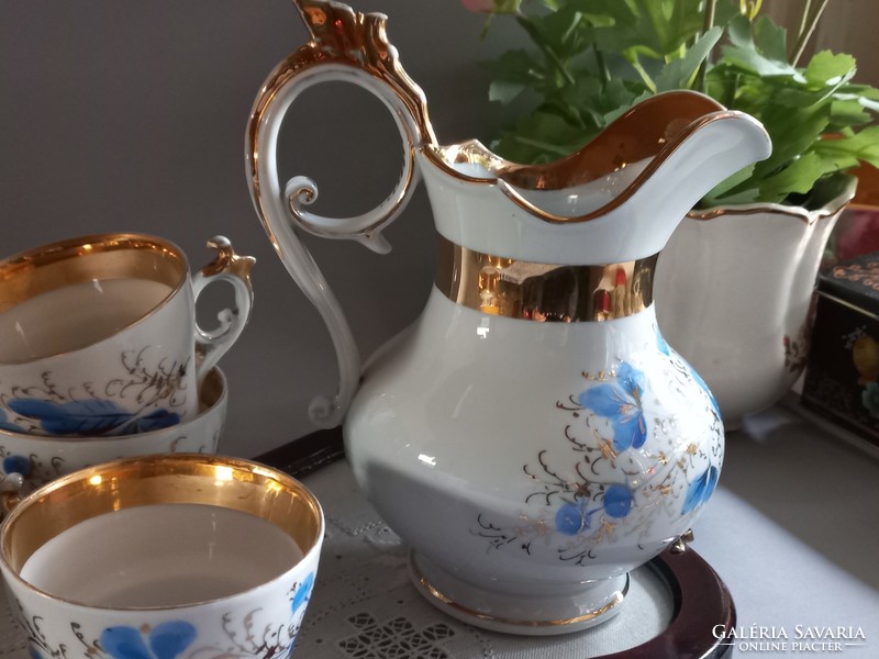 Antique serving, jug, 3 + 1 cups, hand painted with blue flowers