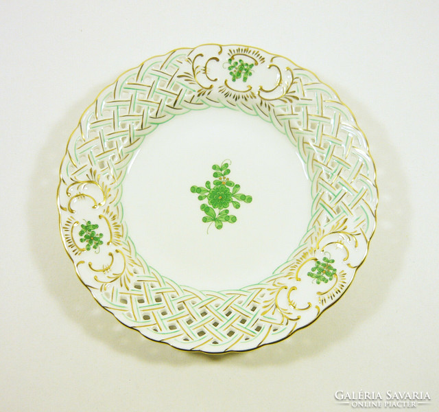 Herend, green garden pattern openwork hand-painted small porcelain wall plate, flawless! (T008)
