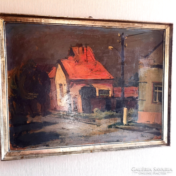 Painter József Palicz (1931-2010): red roof oil painting in original frame