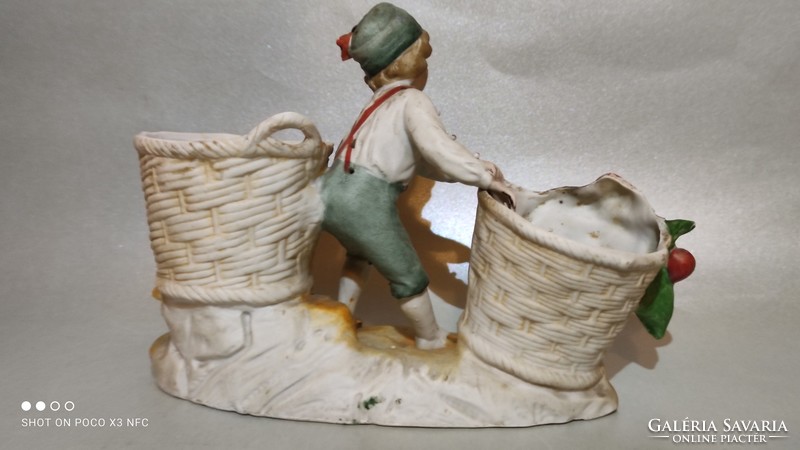 It's raining!!! Antique porcelain figural offering boy with baskets, gilded