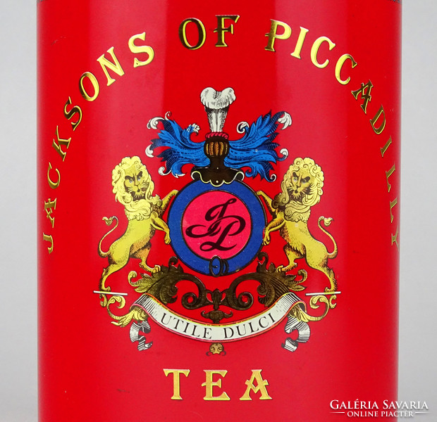 1H512 Régi piros Jacksons of Piccadilly pléh doboz 16.5 cm