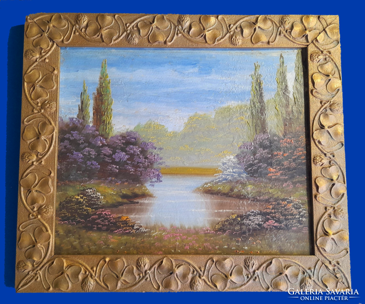 English park - oil painting in Art Nouveau frame