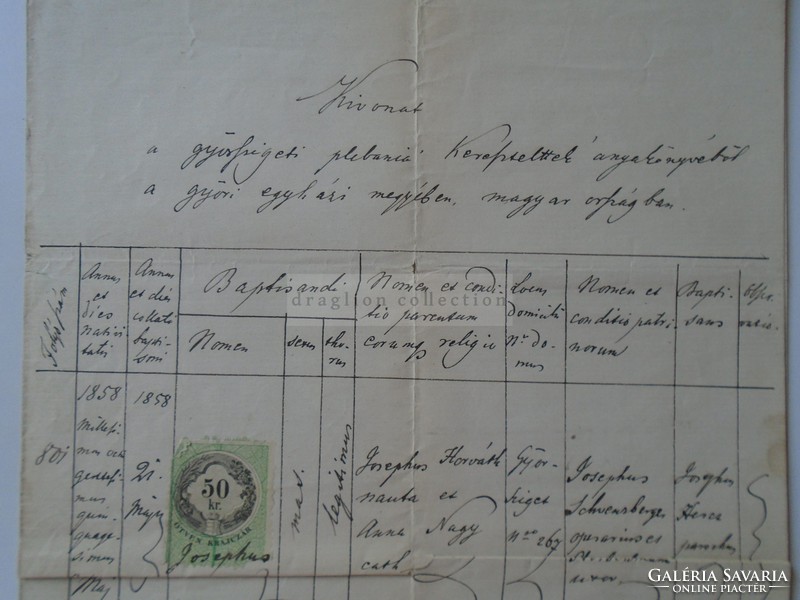 ZA389. 10 Régi dokumentum  Győr Győrsziget  1872  Josehus Horváth  -Hercz József parochus - okmányb.