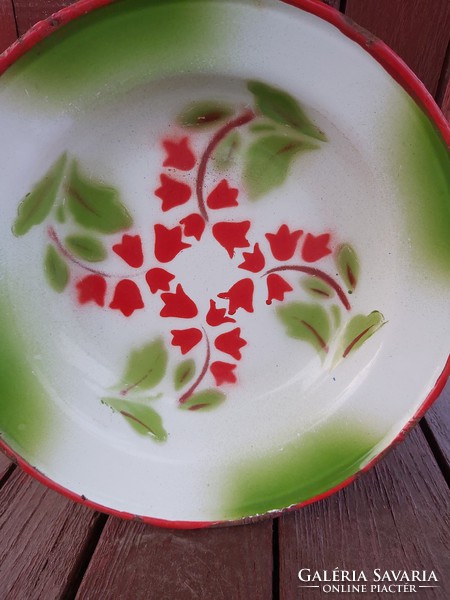 Enamel enameled budafok floral green red pattern plate ornament decor nostalgia