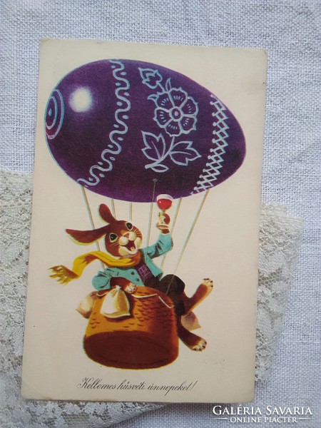 Régi grafikus húsvéti képeslap Képzőművészeti Kiadó 1962, nyuszi tojás légballonnal