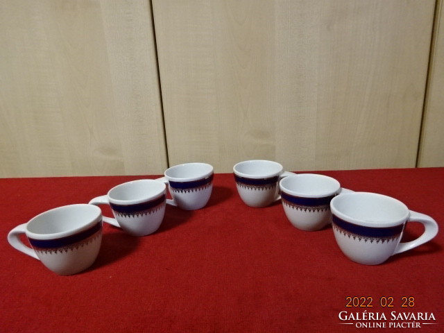 Zsolnay porcelain coffee cup with cobalt blue stripe and gold border, six pieces. He has! Jókai.